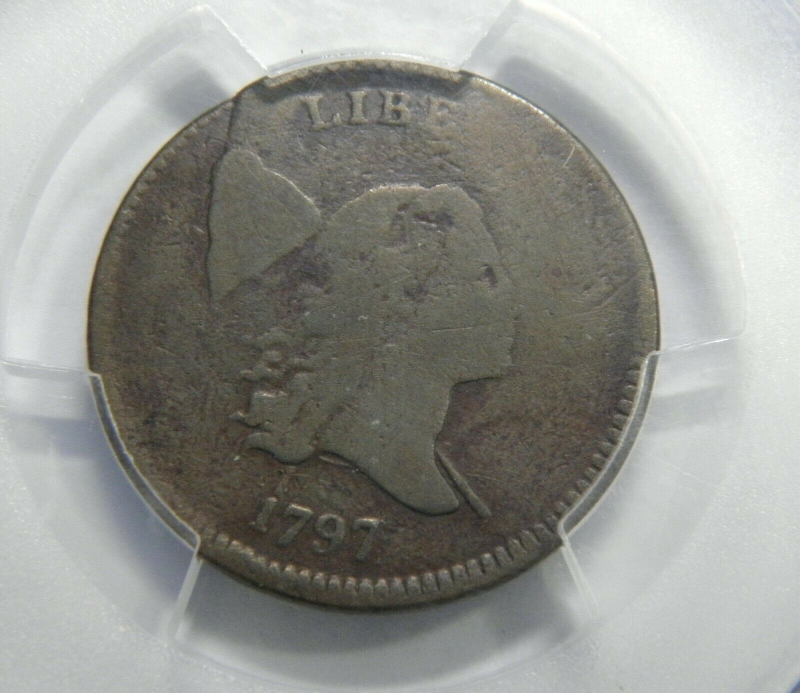 1797 LIBERTY CAP 1/2c 1OVER1 PCGS SECURE G-DET. LOOKS MUCH NICER THAN IT SOUNDS - Fresh Stock Dated February 2026