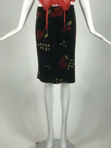 Vintage 90s Black Velvet Skirt With Rose Print Y2K Emo Goth Grunge Style Small - Fresh Stock Dated December 2025