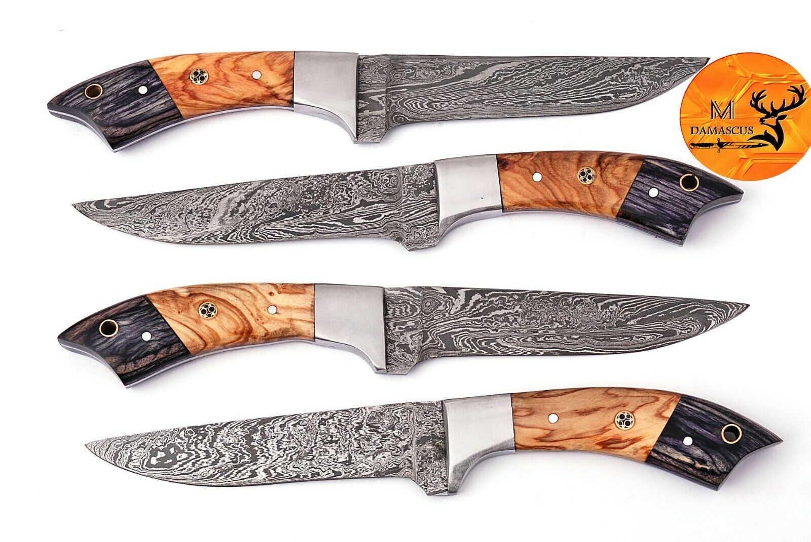 FOUR DAMASCUS STEEL STEAK CHEF KNIVES WITH WOOD & STEEL BOLSTER HANDLE - AJ 1399 - Fresh Stock Dated December 2025