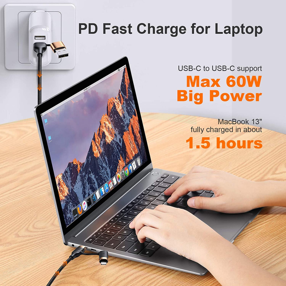 USB C Multi Fast Charging Cable MJEMS PD 60W Nylon Braided Cord 4-in-1 3A 4FT - Fresh Stock Dated February 2026