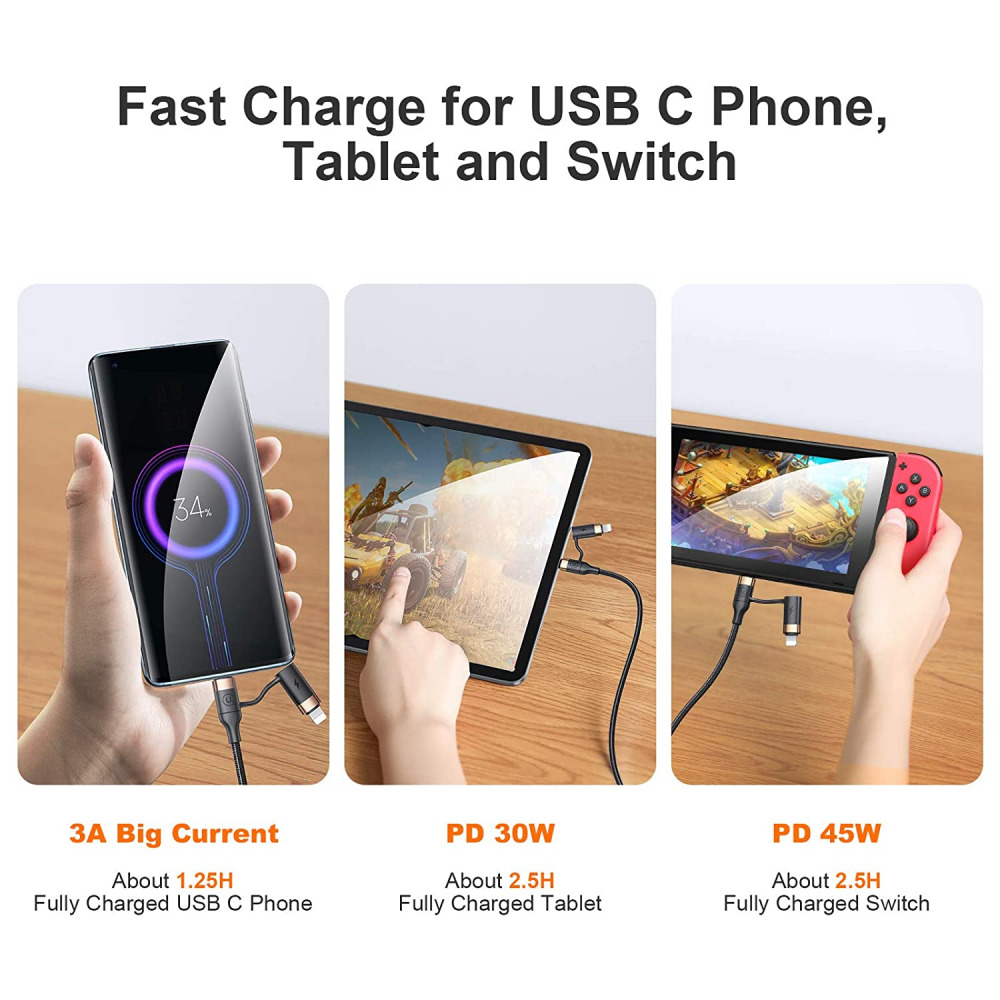 USB C Multi Fast Charging Cable MJEMS PD 60W Nylon Braided Cord 4-in-1 3A 4FT - Fresh Stock Dated February 2026