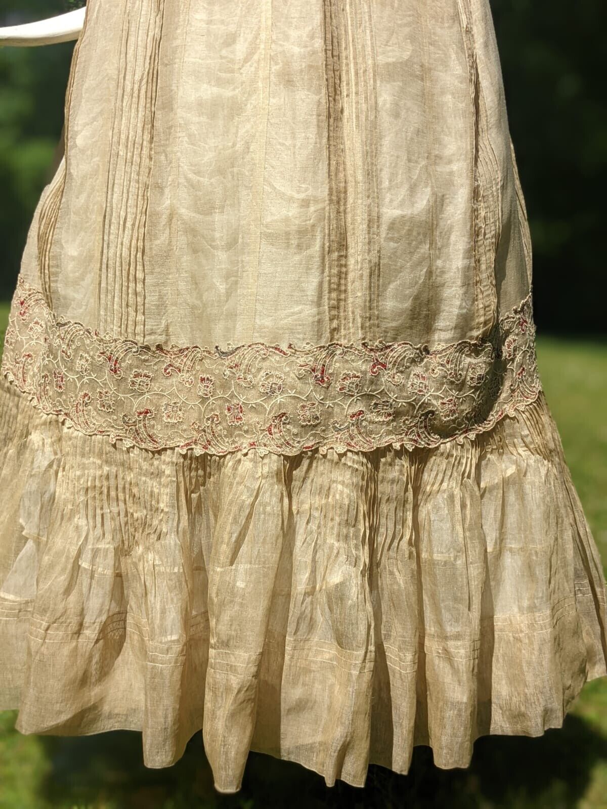 VICTORIAN 19TH C SHEER SEPIA LONG SKIRT W SCALLOP EDGED FLORAL EMBROIDERY - Fresh Stock Dated March 2026