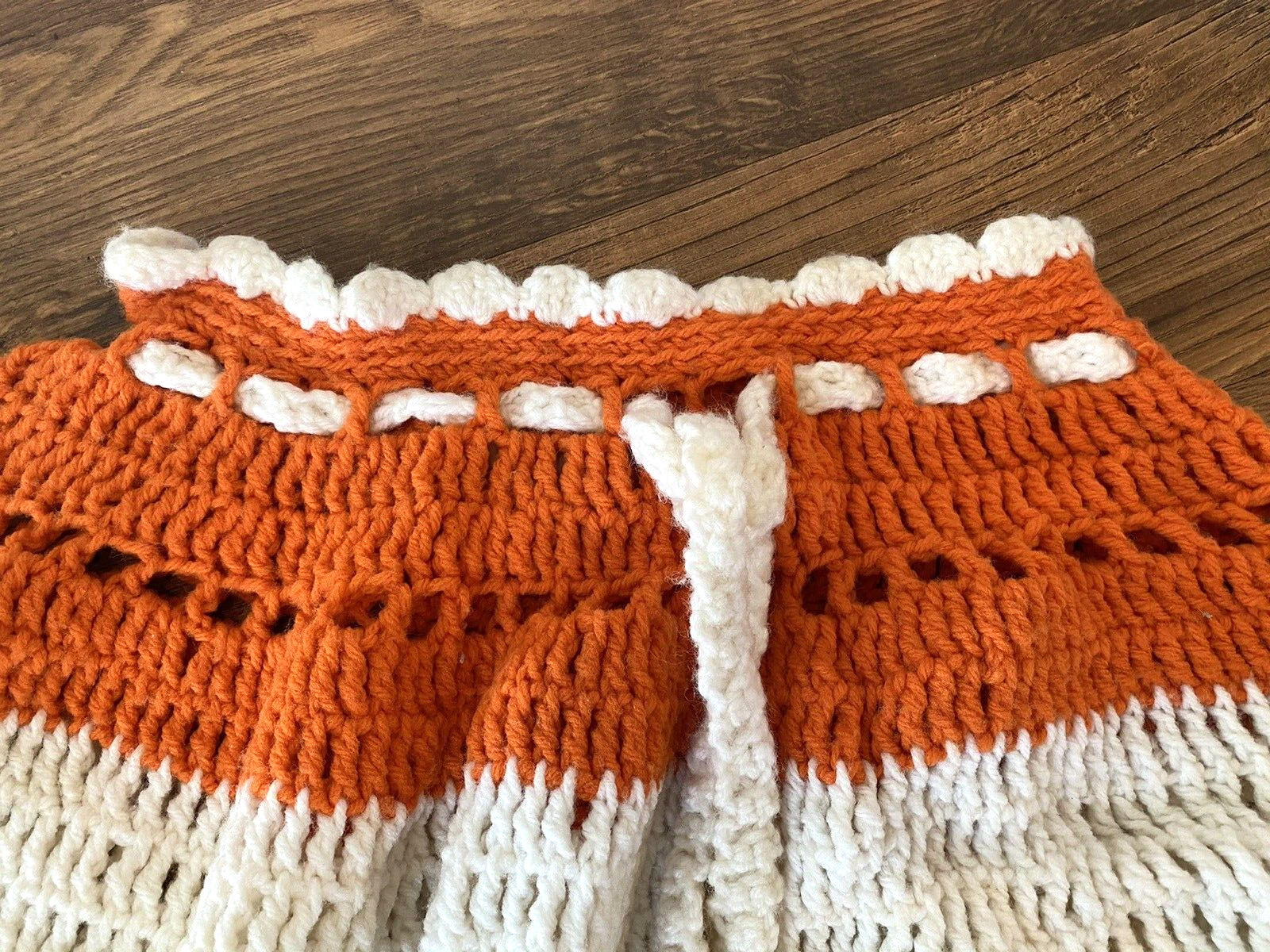 Vintage Handmade Crocheted Skirt Small 1970's Orange & White Fringe Retro Boho - Fresh Stock Dated March 2026