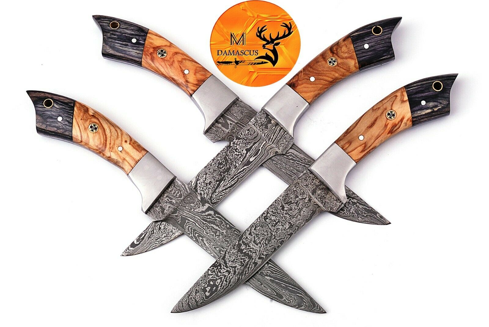 FOUR DAMASCUS STEEL STEAK CHEF KNIVES WITH WOOD & STEEL BOLSTER HANDLE - AJ 1399 - Fresh Stock Dated December 2025