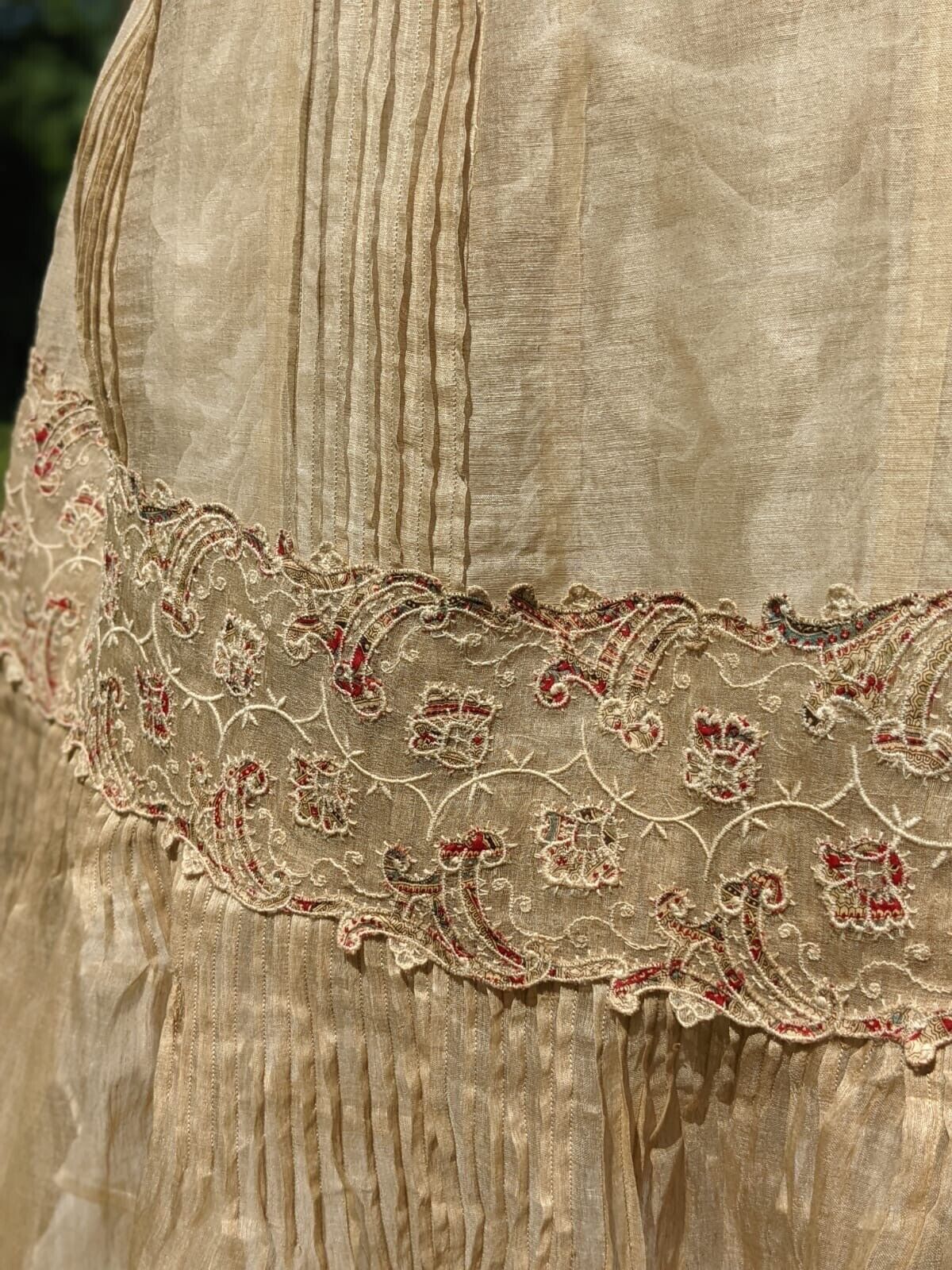 VICTORIAN 19TH C SHEER SEPIA LONG SKIRT W SCALLOP EDGED FLORAL EMBROIDERY - Fresh Stock Dated March 2026