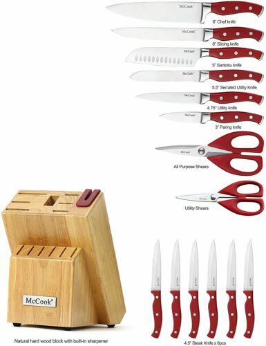 McCook MC24 15-Piece Kitchen Knife Block Set Cutlery Set Built-in Sharpener - Fresh Stock Dated December 2025
