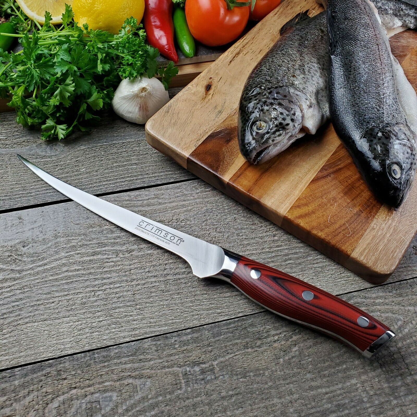 7.5 Inch Fish Fillet Knife CRIMSON Series German Stainless G10 Handle Ergo Chef - Fresh Stock Dated December 2025