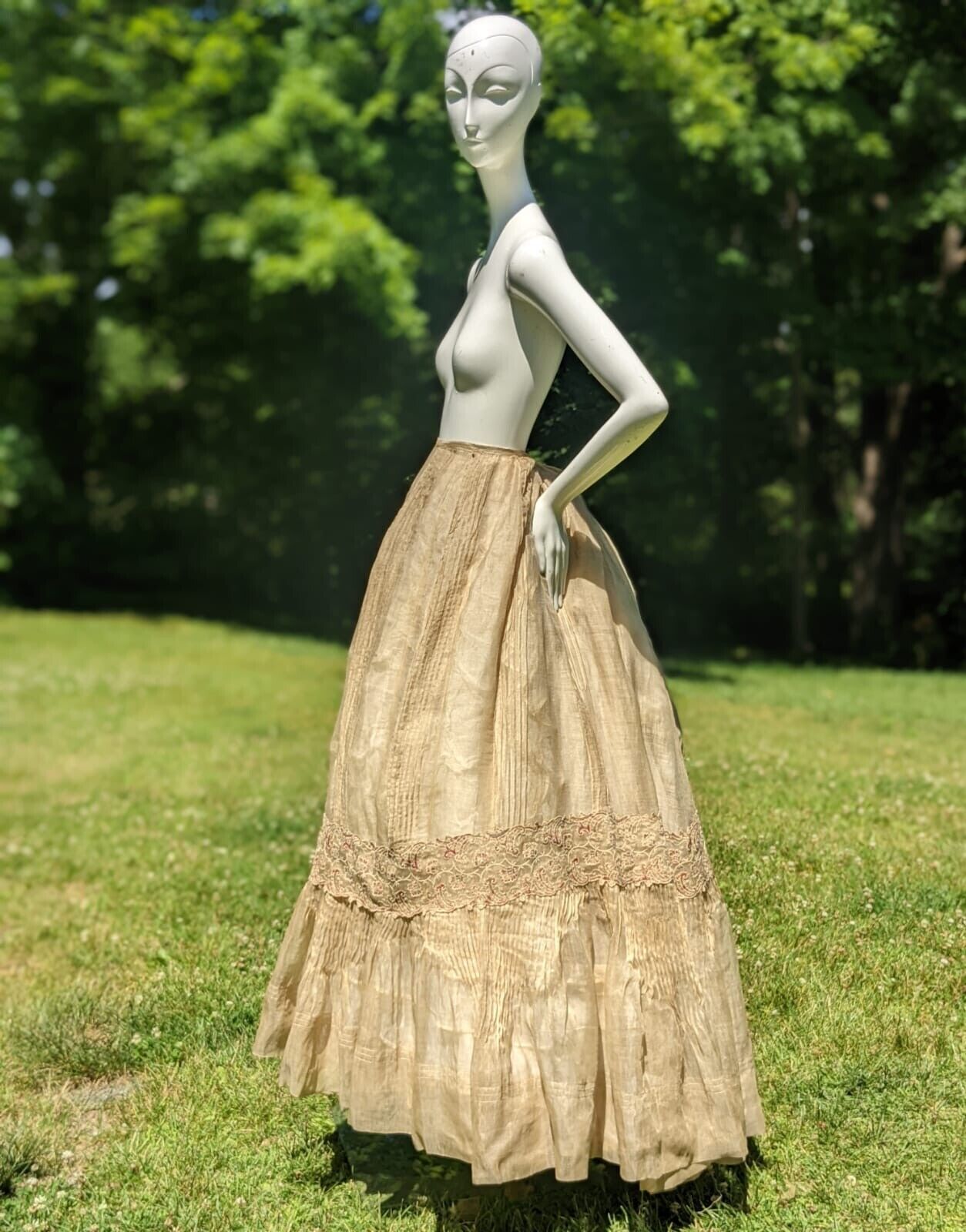 VICTORIAN 19TH C SHEER SEPIA LONG SKIRT W SCALLOP EDGED FLORAL EMBROIDERY - Fresh Stock Dated March 2026