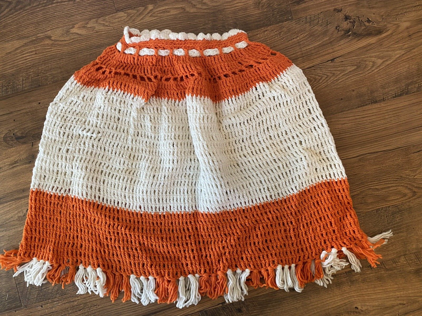 Vintage Handmade Crocheted Skirt Small 1970's Orange & White Fringe Retro Boho - Fresh Stock Dated March 2026