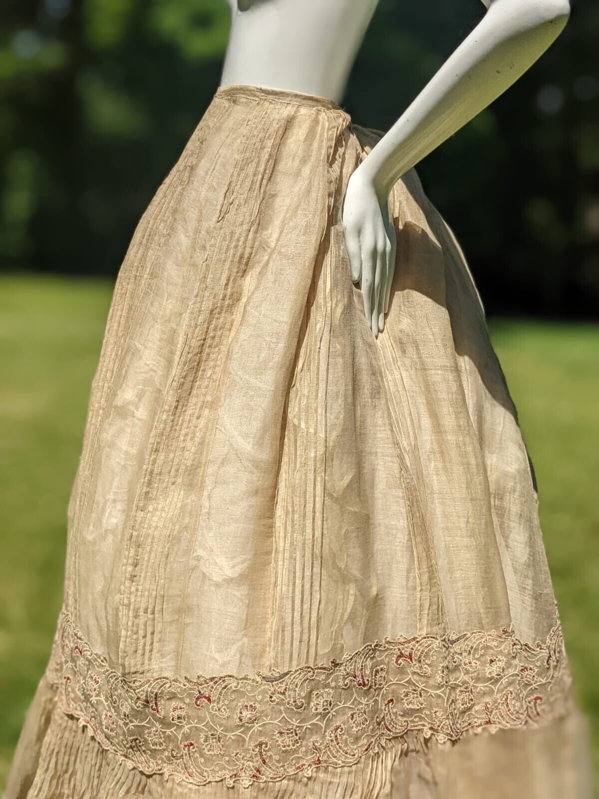 VICTORIAN 19TH C SHEER SEPIA LONG SKIRT W SCALLOP EDGED FLORAL EMBROIDERY - Fresh Stock Dated March 2026