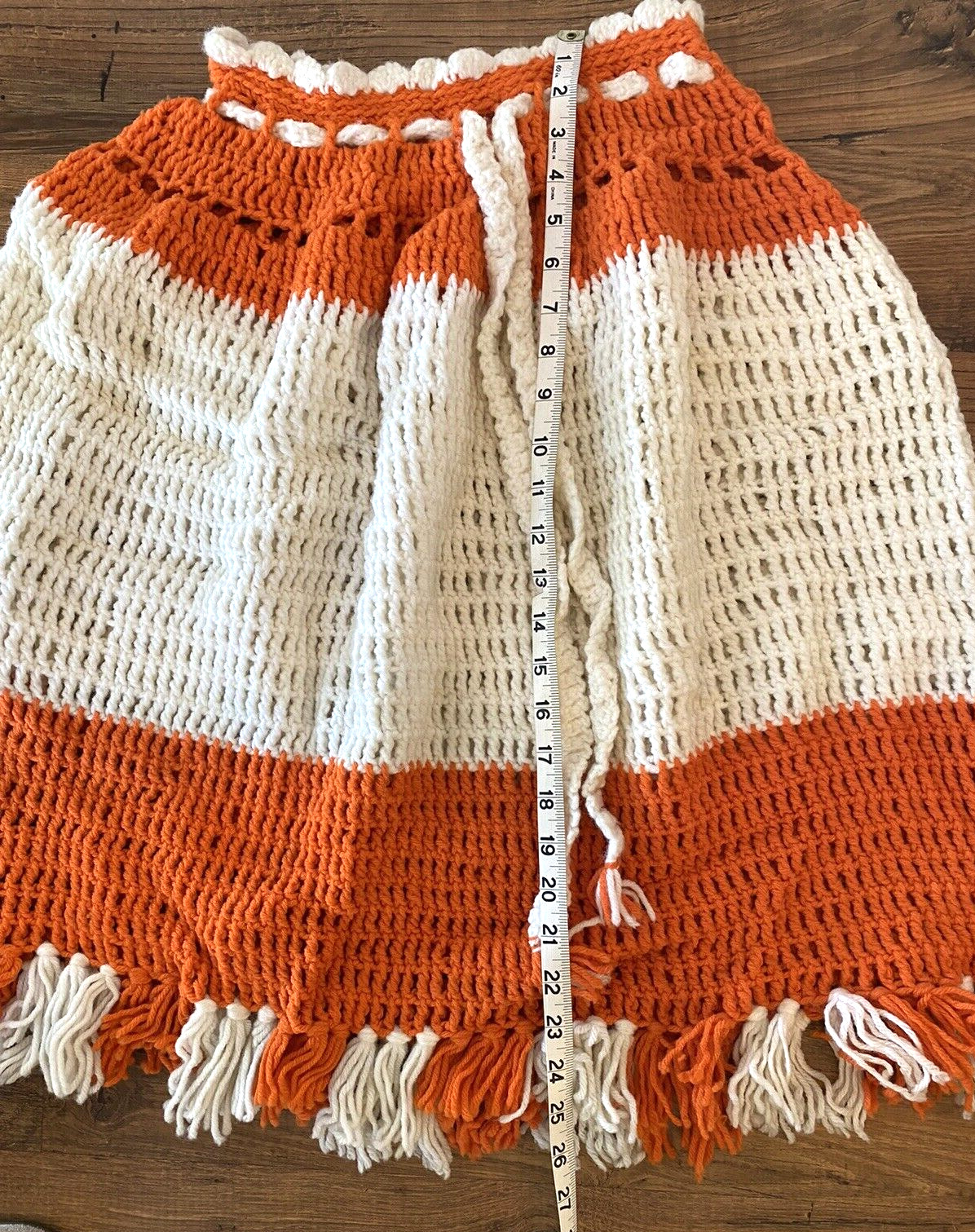 Vintage Handmade Crocheted Skirt Small 1970's Orange & White Fringe Retro Boho - Fresh Stock Dated March 2026