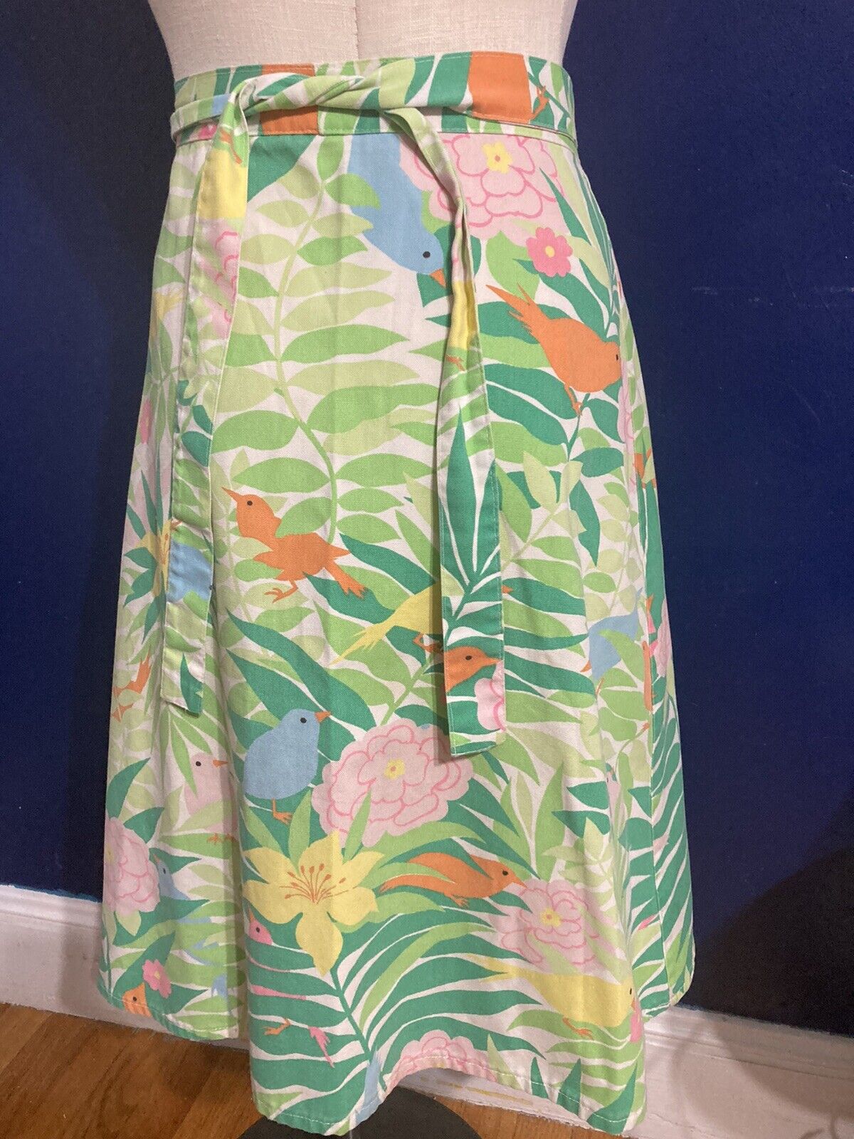 Vintage 1970s Katasha's Unusuals Birds Chicks Florals Cotton Wrap Skirt Medium - Fresh Stock Dated March 2026