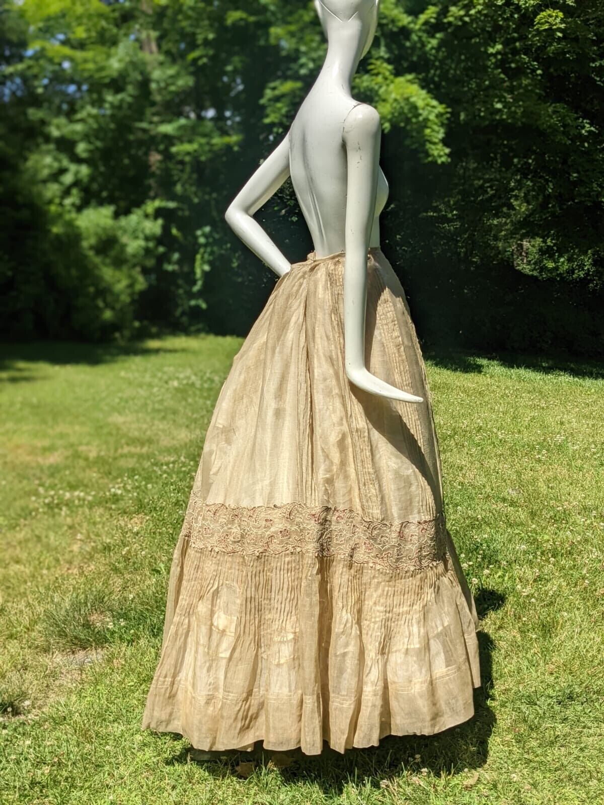 VICTORIAN 19TH C SHEER SEPIA LONG SKIRT W SCALLOP EDGED FLORAL EMBROIDERY - Fresh Stock Dated March 2026