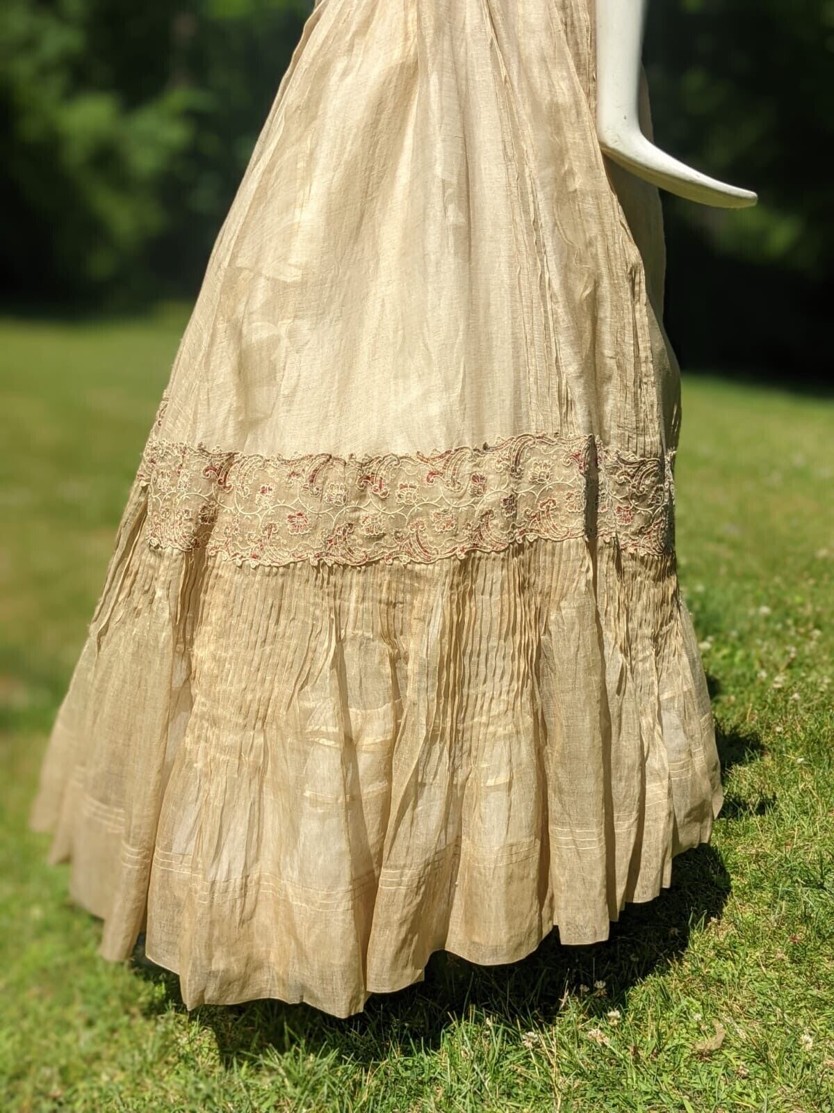 VICTORIAN 19TH C SHEER SEPIA LONG SKIRT W SCALLOP EDGED FLORAL EMBROIDERY - Fresh Stock Dated March 2026