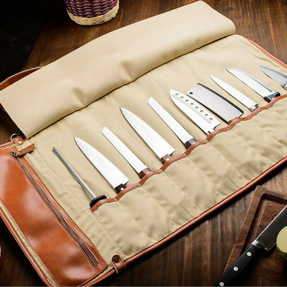 10 Slot Japanese Genuine Leather Chef Knife Roll Bag Leather Knives Storage Case - Fresh Stock Dated January 2026