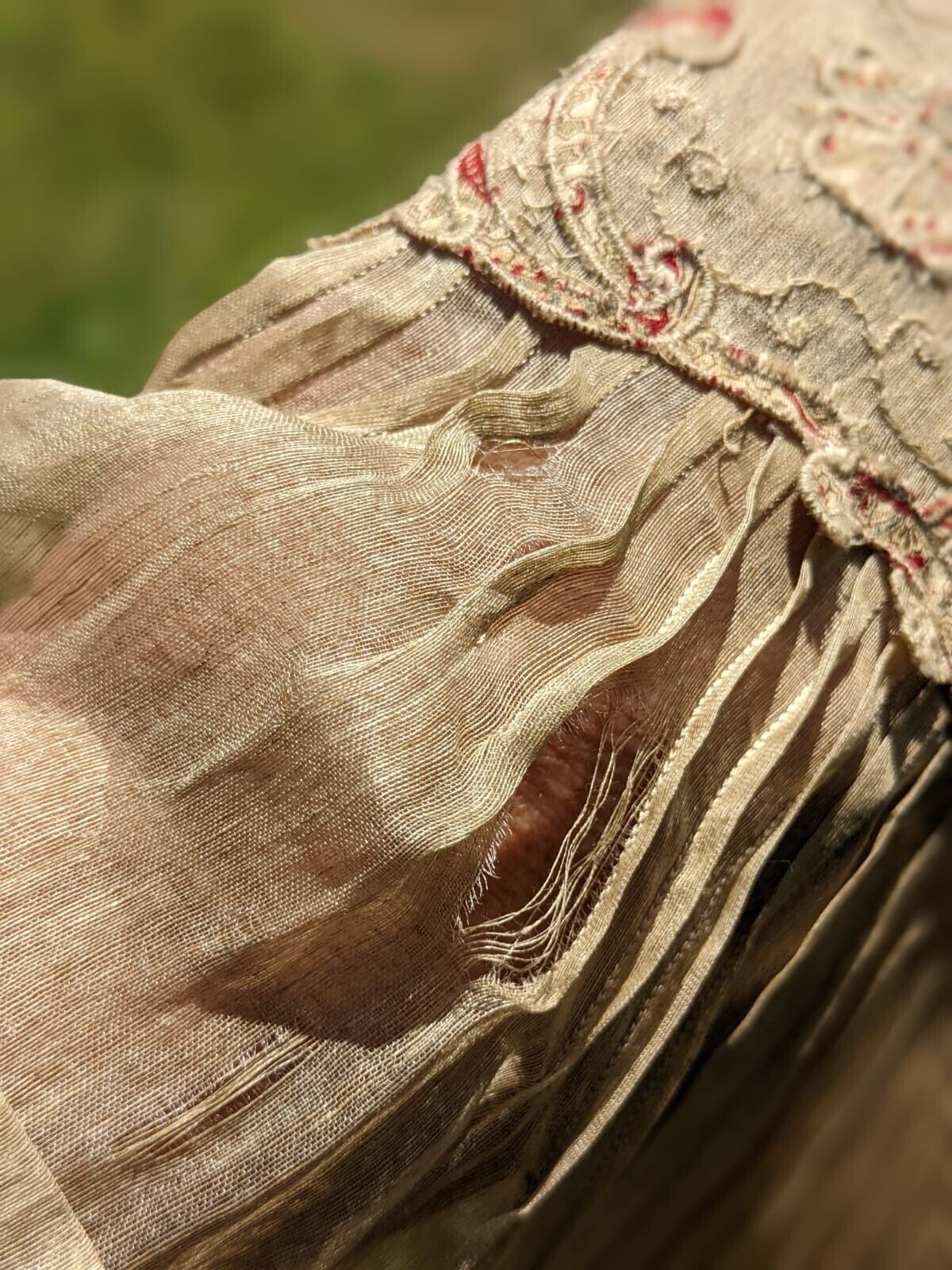 VICTORIAN 19TH C SHEER SEPIA LONG SKIRT W SCALLOP EDGED FLORAL EMBROIDERY - Fresh Stock Dated March 2026
