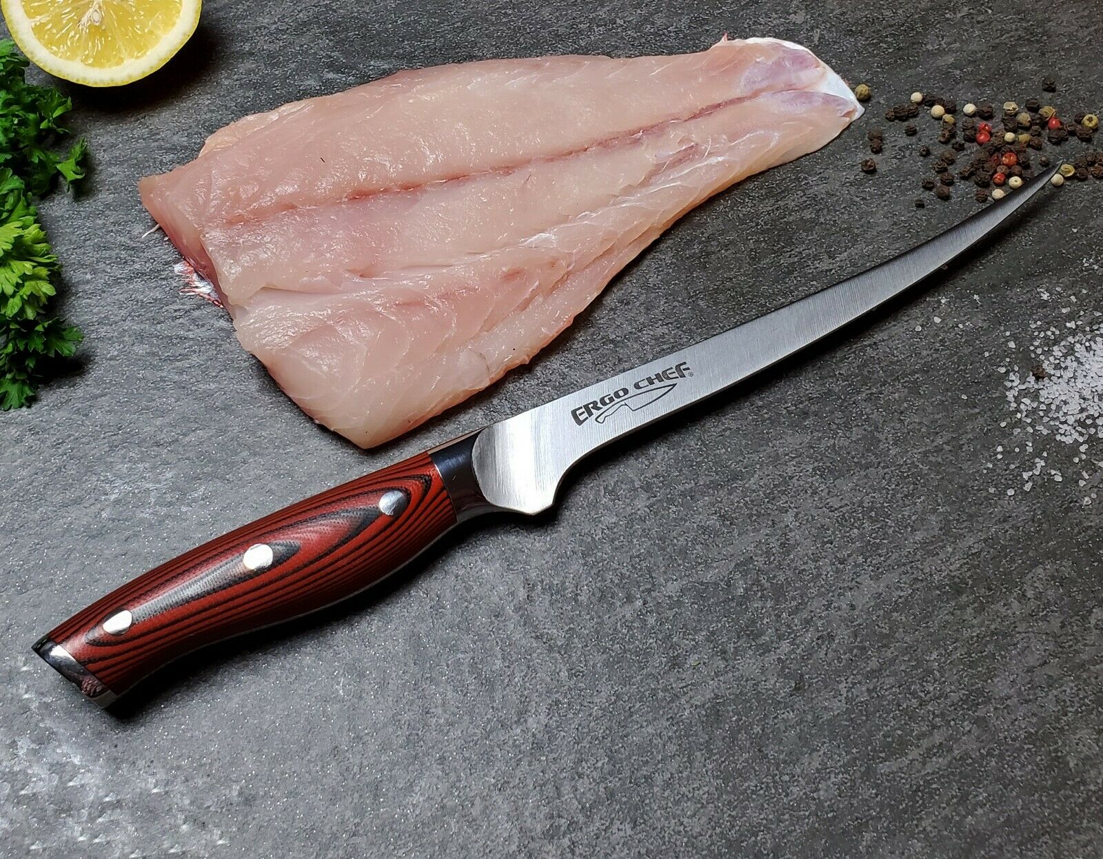 7.5 Inch Fish Fillet Knife CRIMSON Series German Stainless G10 Handle Ergo Chef - Fresh Stock Dated December 2025