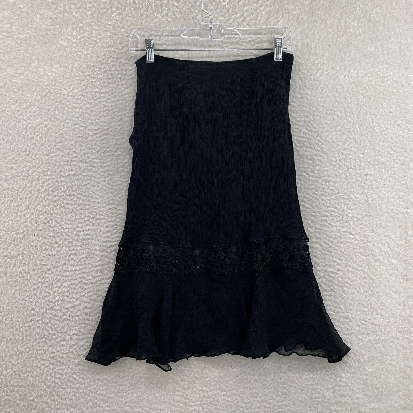 90s Y2K Vintage iCE Black 100% Silk Mesh Overlay Beaded Midi Skirt 4 6 26 27 S M - Fresh Stock Dated March 2026