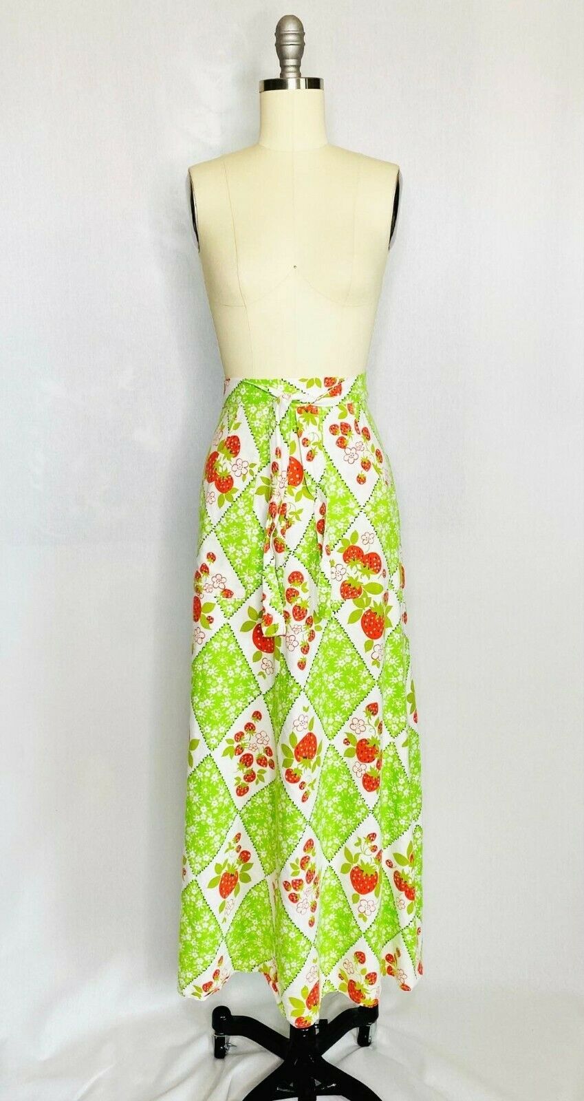 Vintage 70s Cottagecore Prairie Wrap Maxi Skirt L Large Green Strawberry Quilt - Fresh Stock Dated February 2026