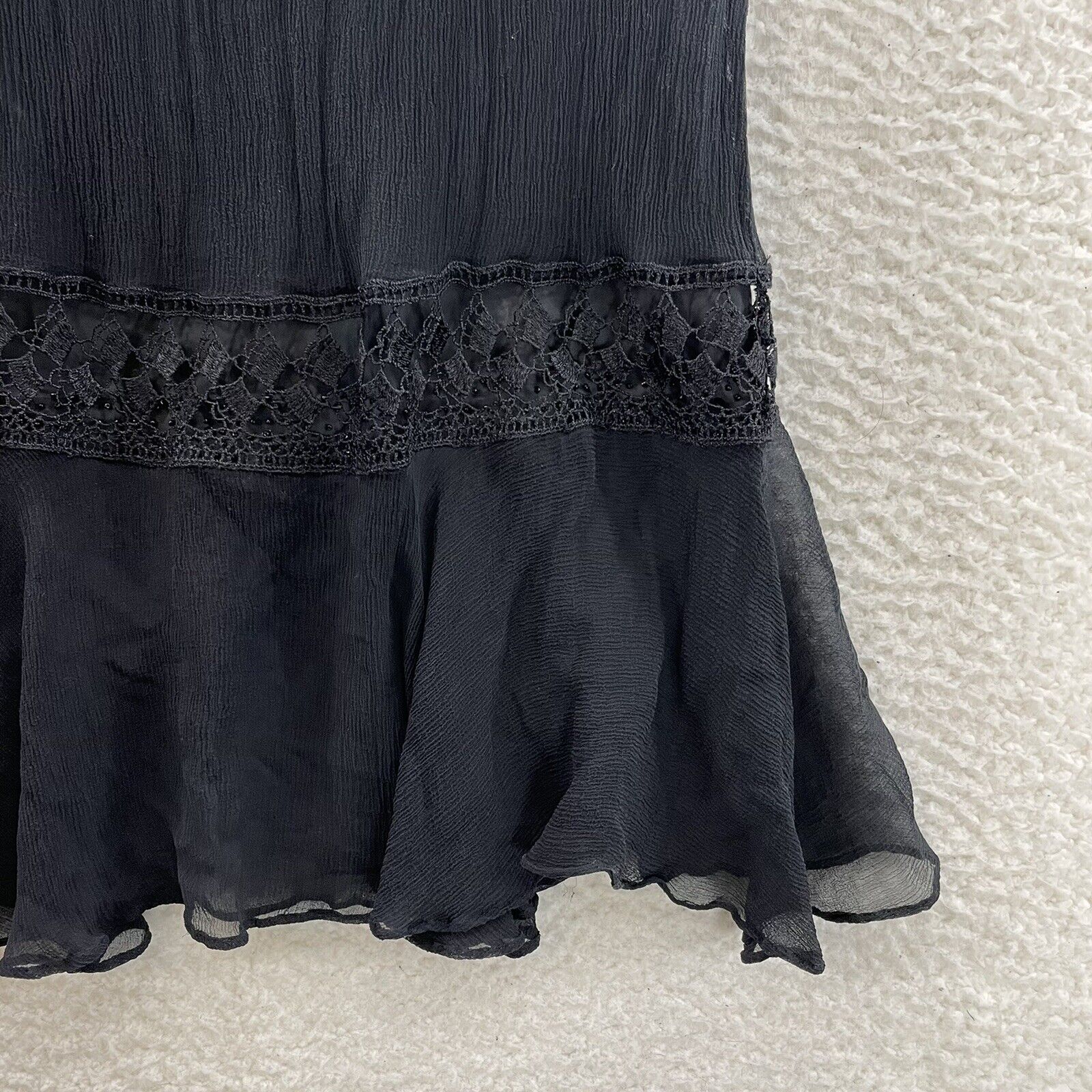 90s Y2K Vintage iCE Black 100% Silk Mesh Overlay Beaded Midi Skirt 4 6 26 27 S M - Fresh Stock Dated March 2026