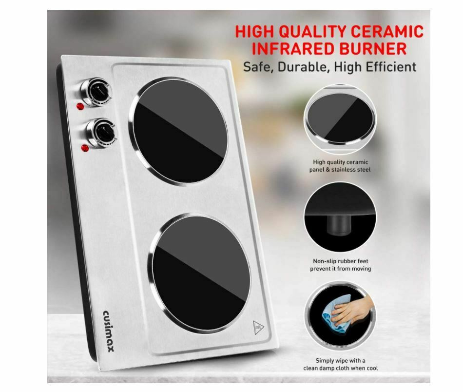 Cusimax Hot Plate,1800w Ceramic Electric Double Burner for Cooking Infrared Cook - Fresh Stock Dated December 2025