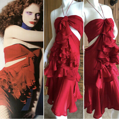 Yves Saint Laurent by Tom Ford Ruffled Red Silk Dress Fall 2003 - Fresh Stock Dated February 2026