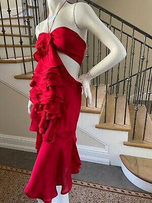 Yves Saint Laurent by Tom Ford Ruffled Red Silk Dress Fall 2003 - Fresh Stock Dated February 2026