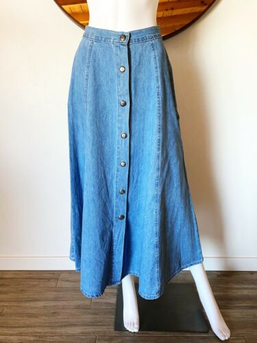 VTG 90'S FORENZA MIDI A-LINE DENIM SKIRT BUTTON FRONT MADE IN USA XS 24.5-25.5