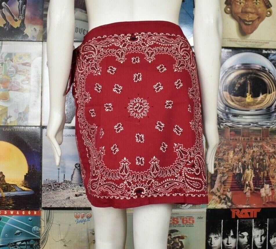 Vintage 90s Denim Republic Red Bandana Print Mini Wrap Skirt Size Large - Fresh Stock Dated February 2026