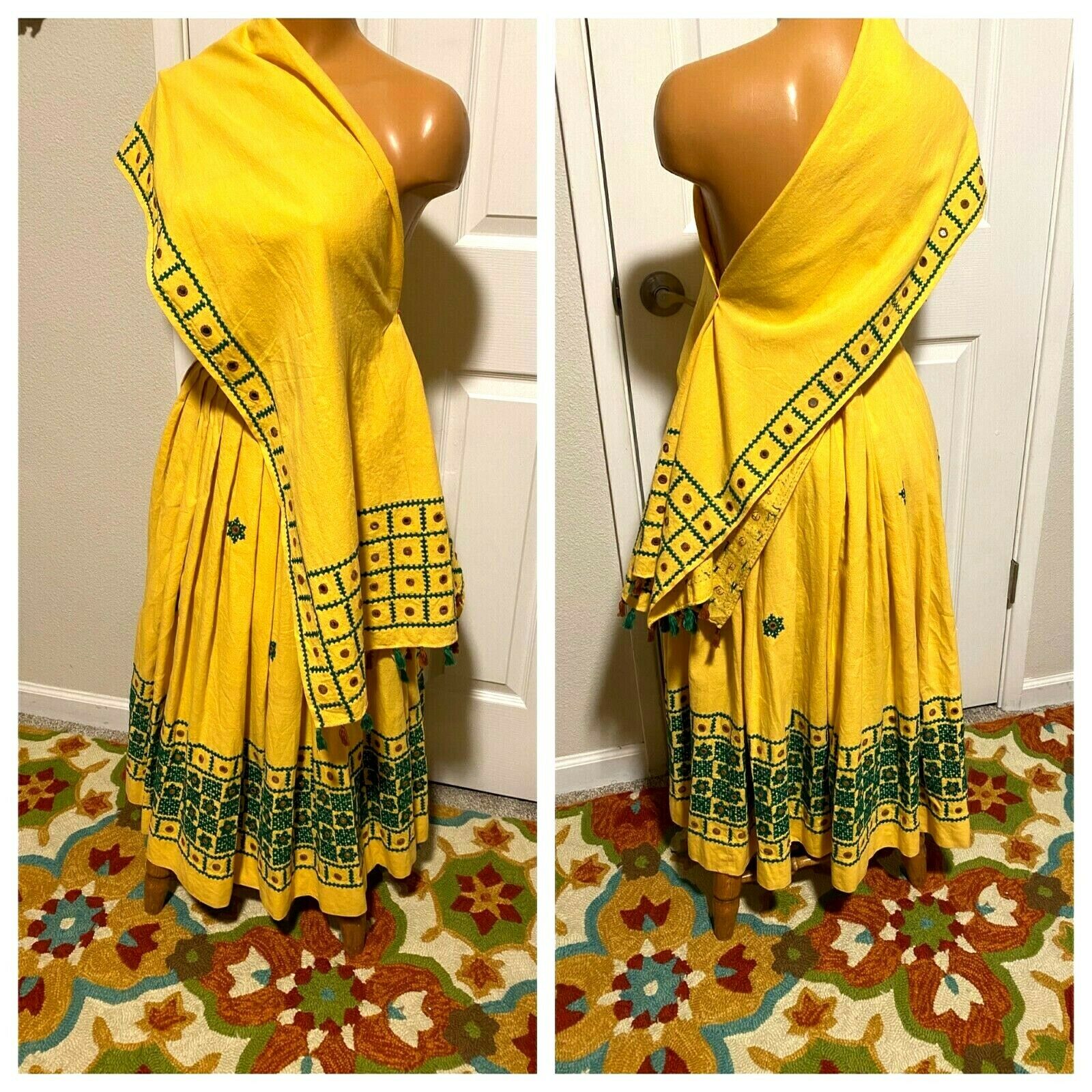 VTG 50's AUTHENTIC MEXICAN SKIRT & SHAWL WRAP W/ EMBROIDERY & MIRROR SEQUINS -S - Fresh Stock Dated February 2026