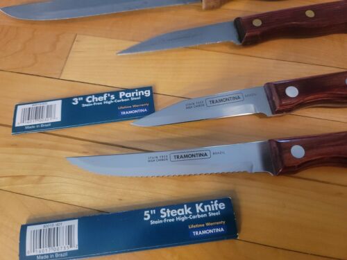 Tramontina  Knife lot Wood Handle High Carbon Steel  Made in Brazil new & used - Fresh Stock Dated December 2025
