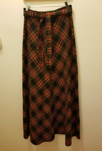 Vintage Saks Fifth Avenue Long Wool Skirt w/Belt Black/Yellow/ Red Plaid Unlined - Fresh Stock Dated February 2026