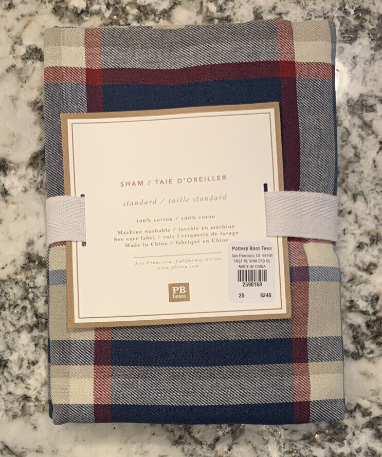 NEW Pottery Barn Teen Tristan Plaid STANDARD Sham BLUE RED - Fresh Stock Dated February 2026