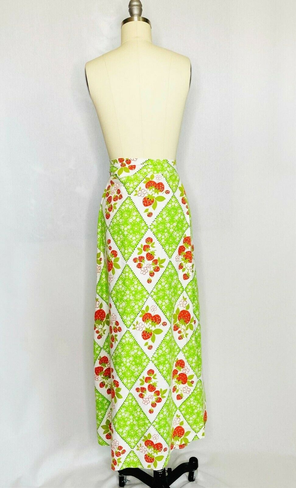 Vintage 70s Cottagecore Prairie Wrap Maxi Skirt L Large Green Strawberry Quilt - Fresh Stock Dated February 2026