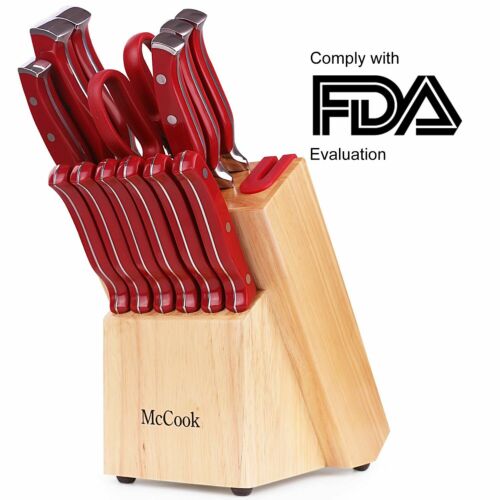 McCook MC24 15-Piece Kitchen Knife Block Set Cutlery Set Built-in Sharpener - Fresh Stock Dated December 2025