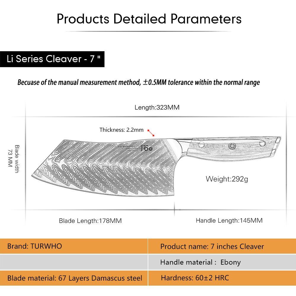 TURWHO 7inch Cleaver Knife 67-Layer Japanese VG10 Damascus Steel Chef Knives - Fresh Stock Dated December 2025
