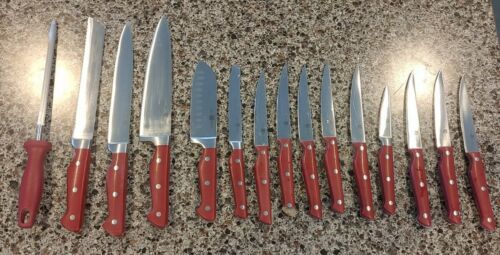15 pc Paula Deen Red Handled Knife Acacia Wood block set * missing scissors - Fresh Stock Dated December 2025
