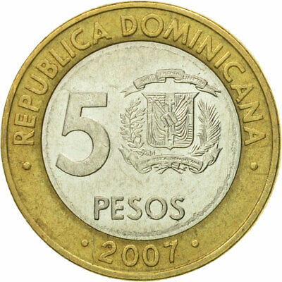[#527586] Coin, Dominican Republic, 5 Pesos, 2007, AU(50-53), Bi-Metallic, KM:89 - Fresh Stock Dated December 2025