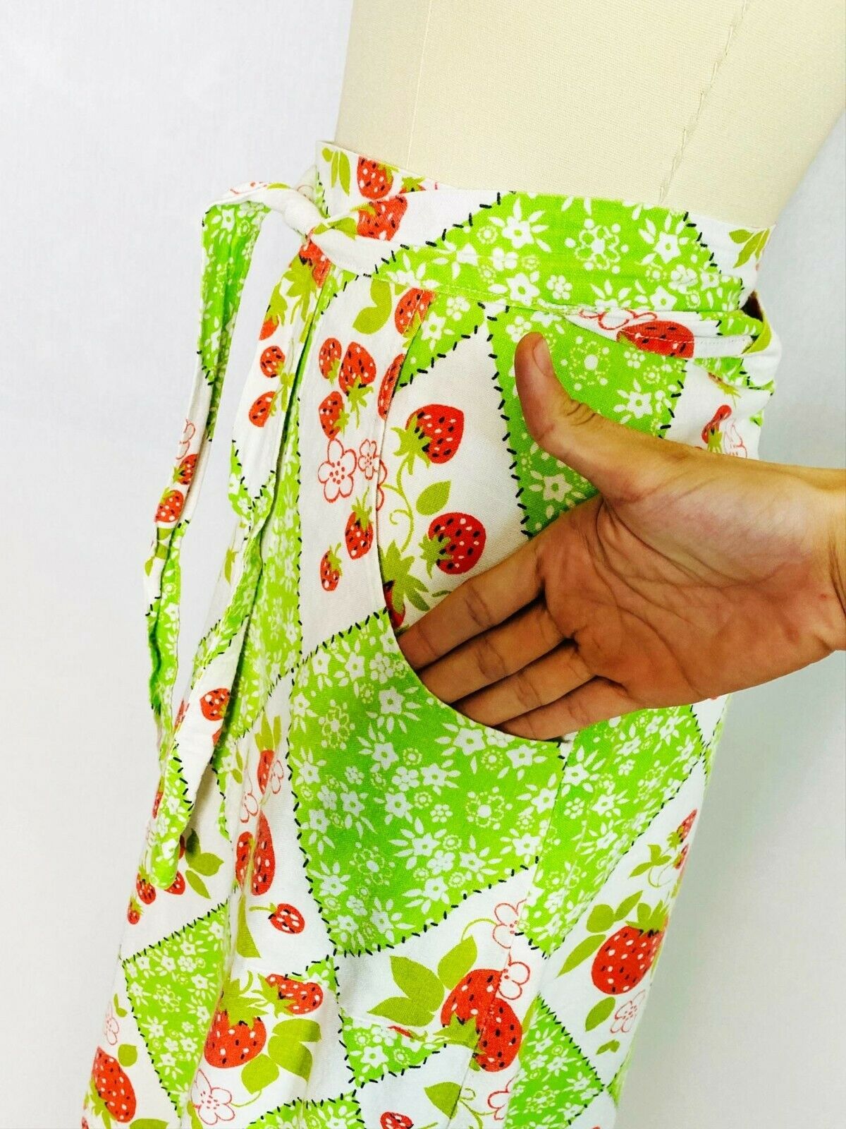 Vintage 70s Cottagecore Prairie Wrap Maxi Skirt L Large Green Strawberry Quilt - Fresh Stock Dated February 2026