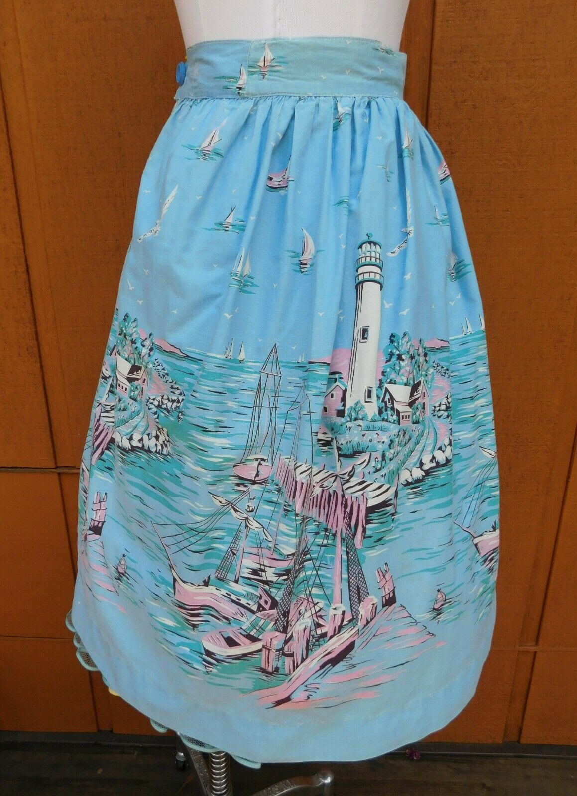 Vtg 50s Well Loved Gathered Skirt Lighthouse Boats Docks Border Print 25 Waist - Fresh Stock Dated February 2026