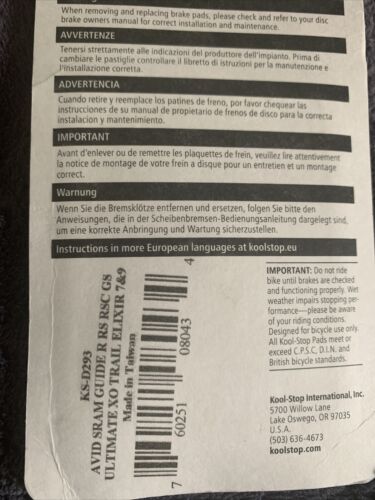 Kool-Stop Disc Brake Pad Fits SRAM Guide Avid SRAM XO Trail Hi-Performance New - Fresh Stock Dated December 2025