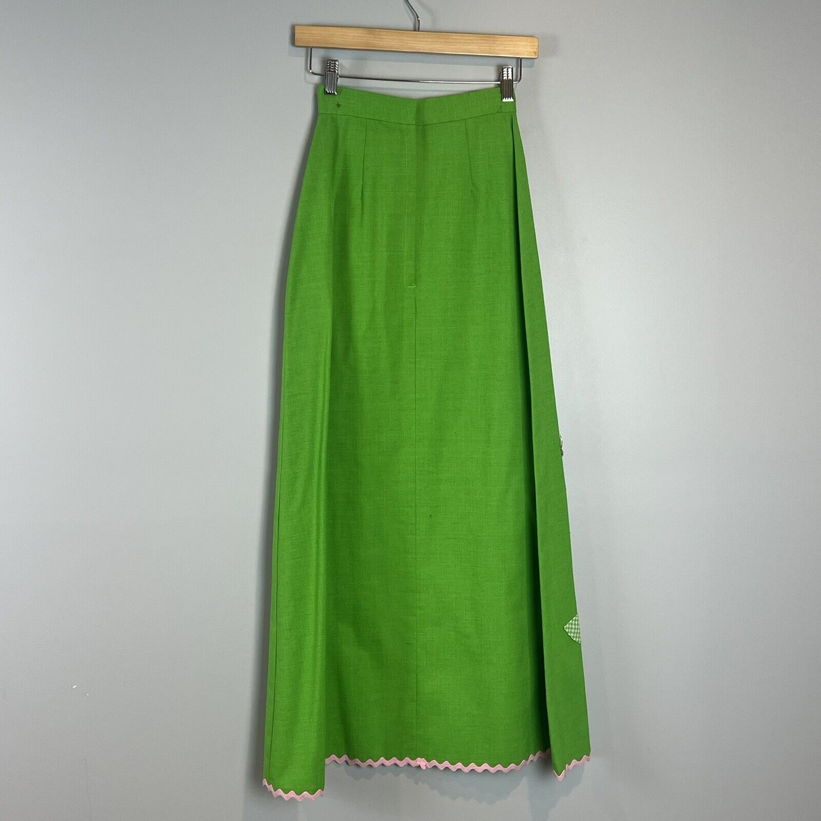 Vtg 70s Long Green Pink Skirt Boho Cottagecore Applique Flowers Ric Rac XS - Fresh Stock Dated March 2026
