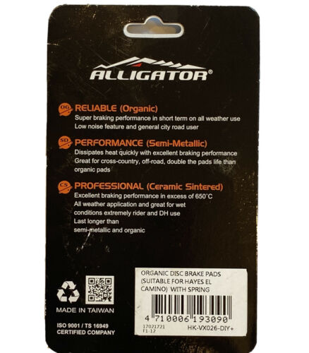 Alligator Organic Disc Brake Pads With Spring For Hayes El Camino New - Fresh Stock Dated February 2026