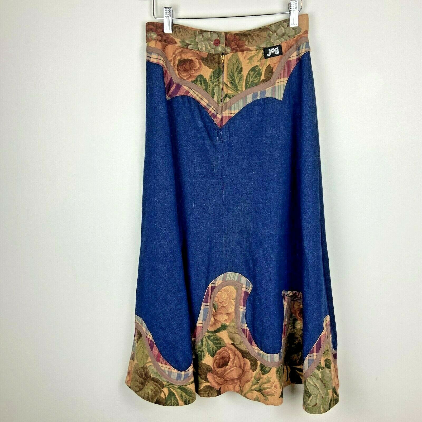Vintage 1970s JAG Applique Denim Skirt A Line Folk Art Boho Blue Size 28