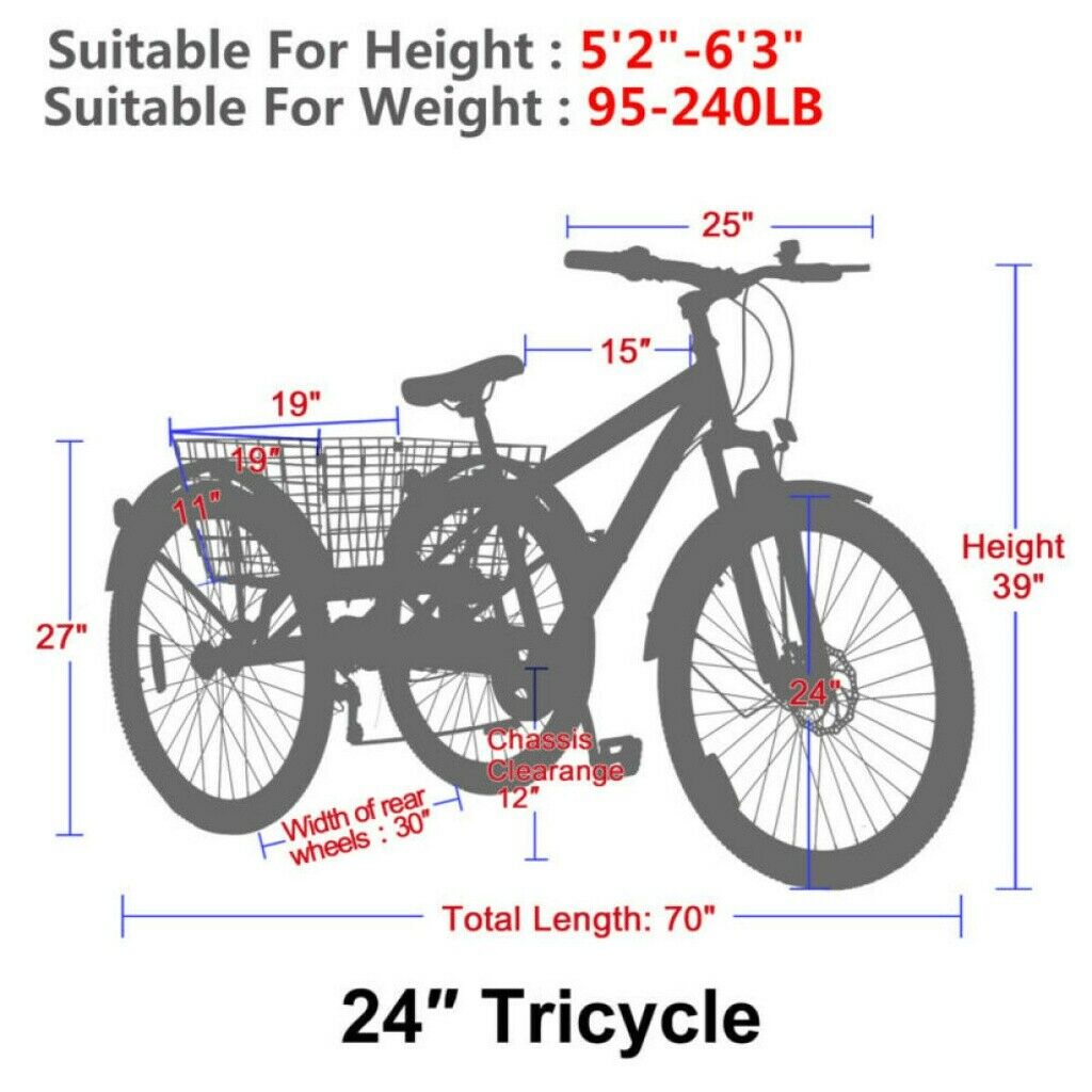 24inch Mountain Tricycle 7 Speed Adult Trikes Shopping Bicycle with Rear Basket - Fresh Stock Dated February 2026