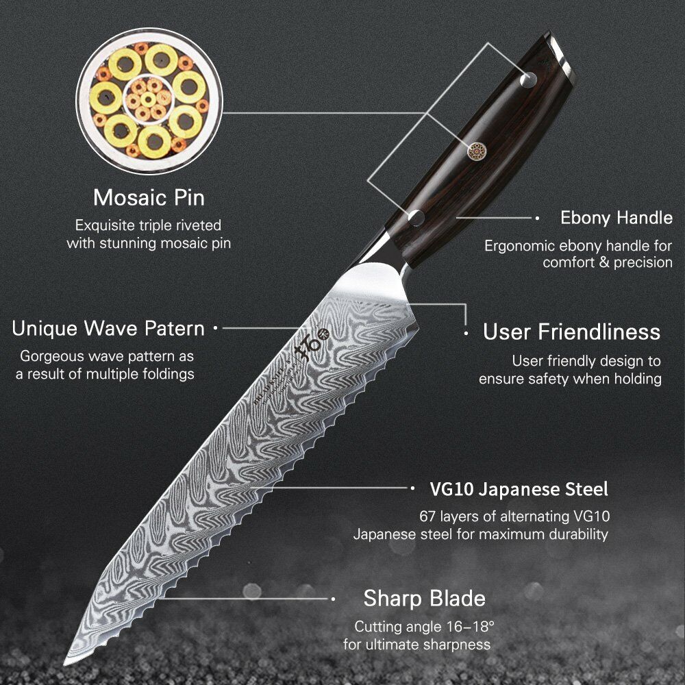TURWHO 8inch Bread Knife 67-Layer Japanese VG10 Damascus Steel Kitchen Knife - Fresh Stock Dated December 2025