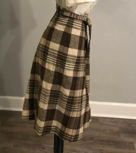 True Vintage Skirt Brown & Cream Plaid Belted Wool Fit & Flare 1970s - Fresh Stock Dated February 2026
