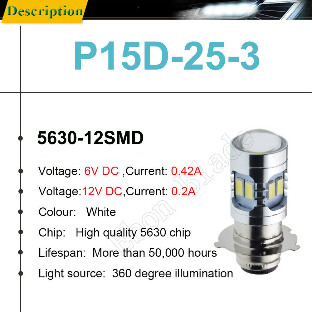 1 x P15D-25-3 LED Motorcycle Head Light Scooter ATV UTV Bike Replace 6V 12V 24V - Fresh Stock Dated February 2026