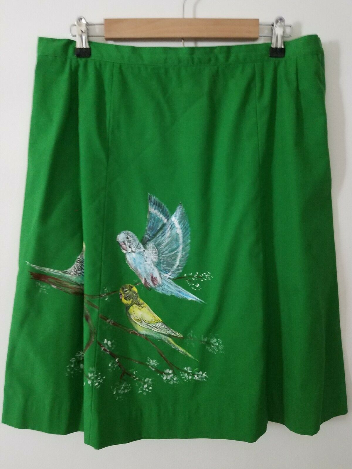 Vintage Handmade? A-Line Skirt Green Painted Parakeets Hippy Side Zip Midi Boho - Fresh Stock Dated February 2026