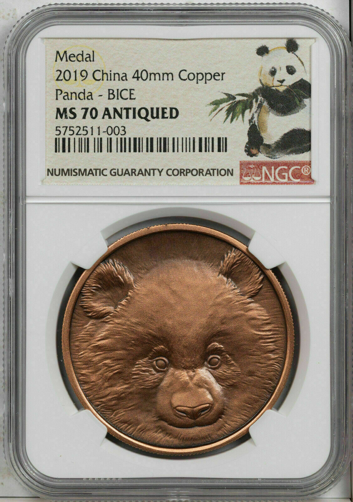 2019 CHINA 40mm COPPER PANDA-BICE NGC MS 70 ANTIQUED FINEST KNOWN WORLDWIDE - Fresh Stock Dated February 2026